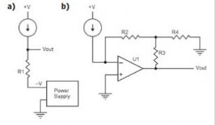 圖3：改進(jìn)的電流測(cè)量電路：改進(jìn)的電阻（a）和改進(jìn)的互阻抗放大器（b）